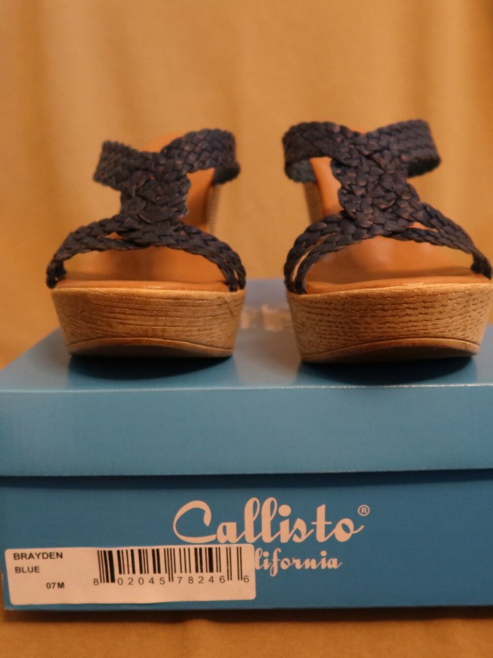Callisto of CA Brayden platform wedge sandals/shoes in blue woven leather 7M